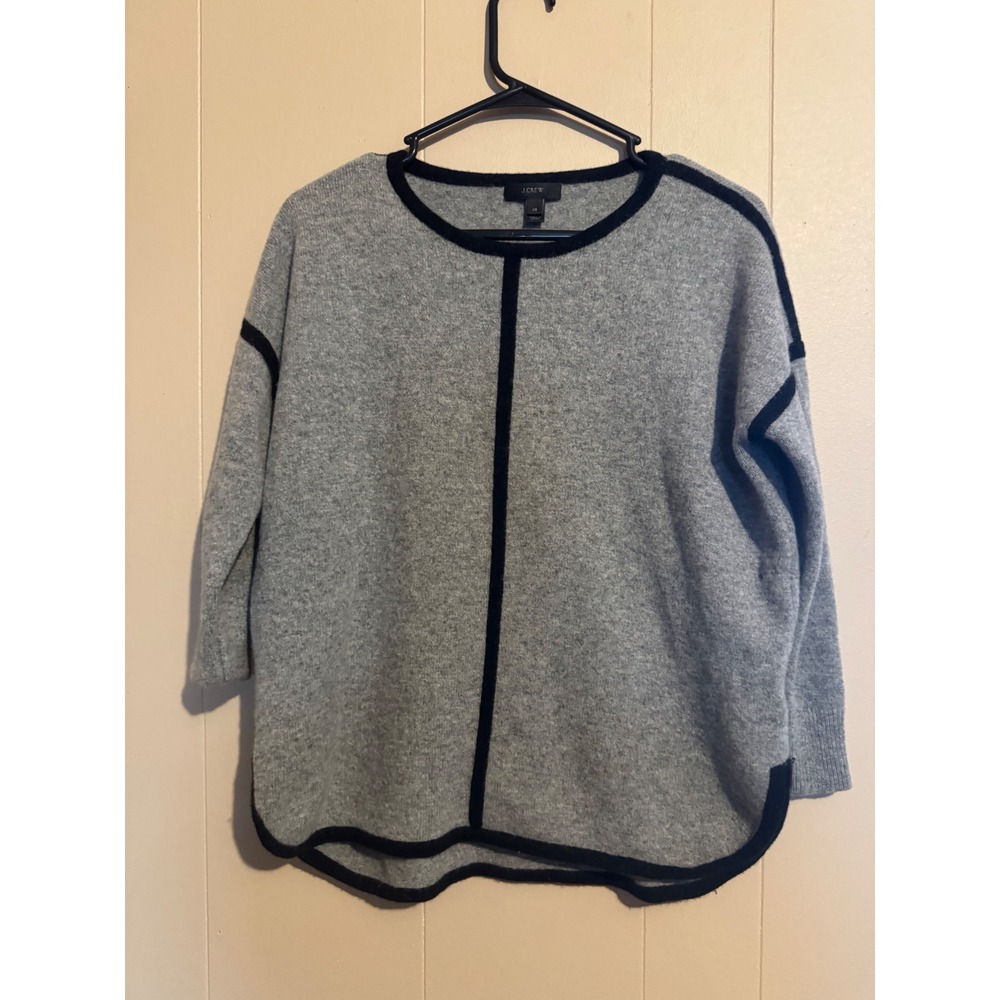J Crew Women XS Gray Black Trim Wool Crew Neck 3/4 Sleeve Sweater Top Women - Picture 2 of 9